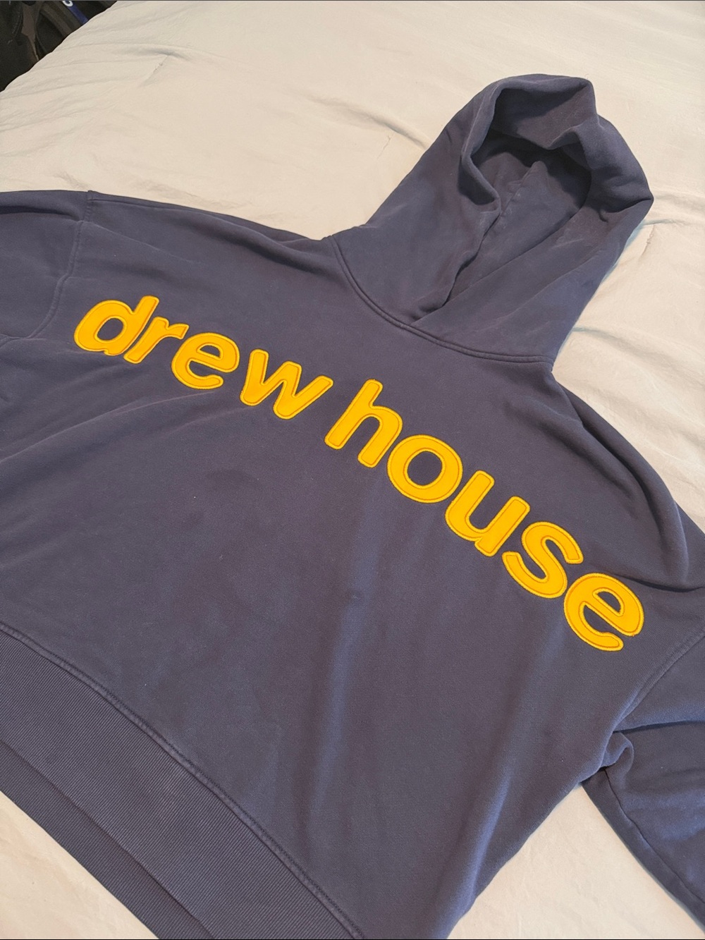 drew house Navy Hoodie with Yellow Logo Patch